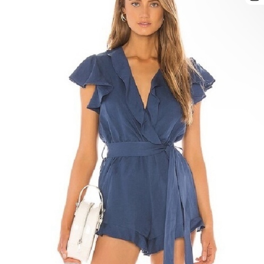 Lovers + Friends Navy Blue Ruffle Wrap Romper